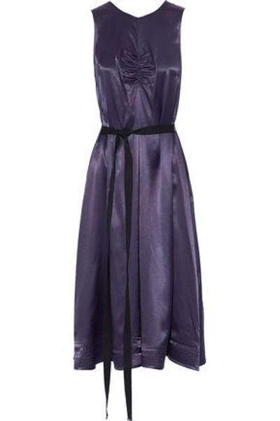 Shop Joseph Woman Belted Ruched Satin-crepe Dress Navy
