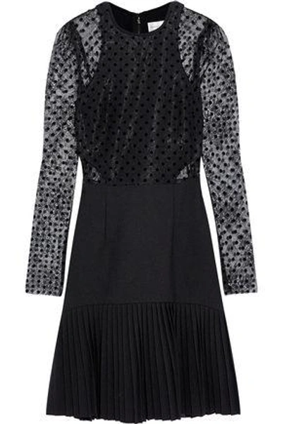 Shop Rebecca Vallance Woman Gabriella Flocked Chantilly Lace And Pleated Crepe Mini Dress Black