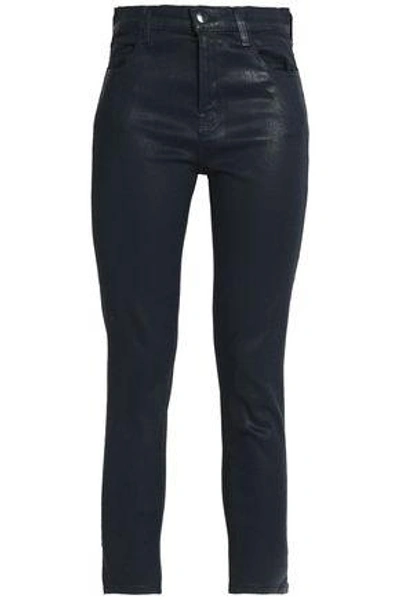 Shop J Brand Woman Alana Cropped Coated High-rise Skinny Jeans Dark Denim