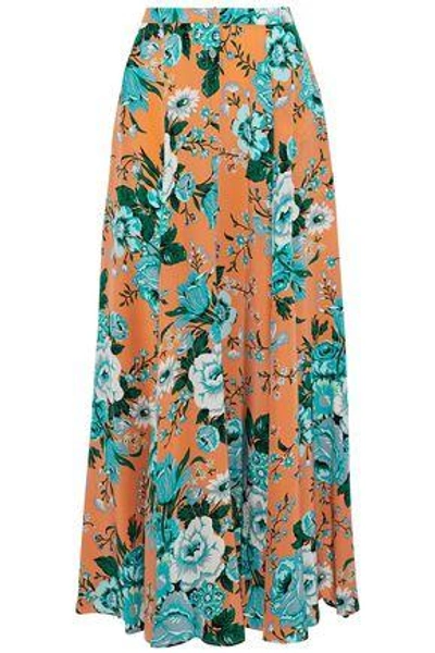 Shop Diane Von Furstenberg Woman Pleated Floral-print Silk Crepe De Chine Maxi Skirt Orange