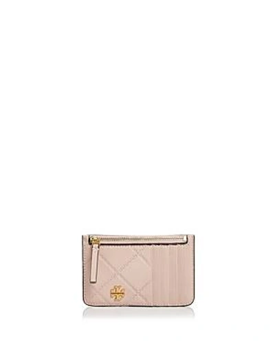 Shop Tory Burch Georgia Top Zip Leather Card Case In Shell Pink/gold
