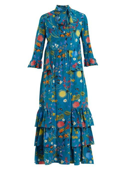 Borgo De Nor Surreal Garden Print Silk Crepe Dress In Blue | ModeSens
