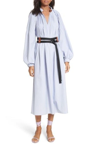 Shop Tibi Edwardian Double Belted Dress In Blue/ White Multi