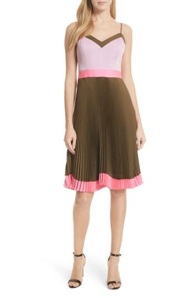 Shop Milly Jill Pleated Stretch Silk Dress In Olive/ Petal/ Fluo Pink