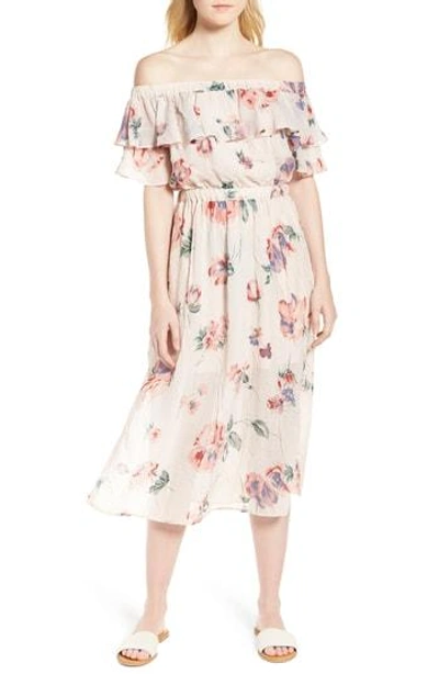 Shop Lucky Brand Off The Shoulder Floral Midi Dress In Pink Multi