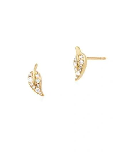 Shop Ef Collection Women's Mini Diamond Leaf Stud Earrings In Yellow Gold