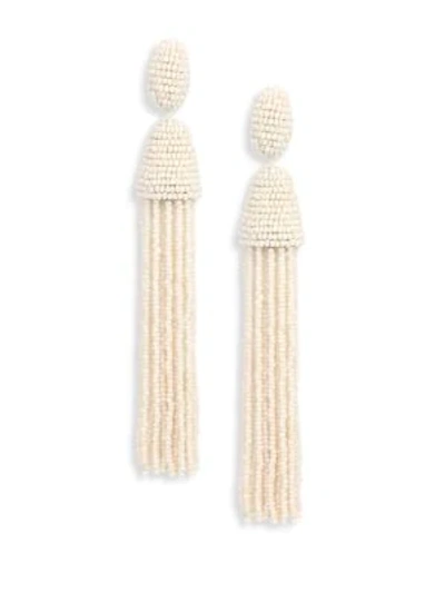 Shop Oscar De La Renta Long Beaded Tassel Clip-on Earrings In Ivory