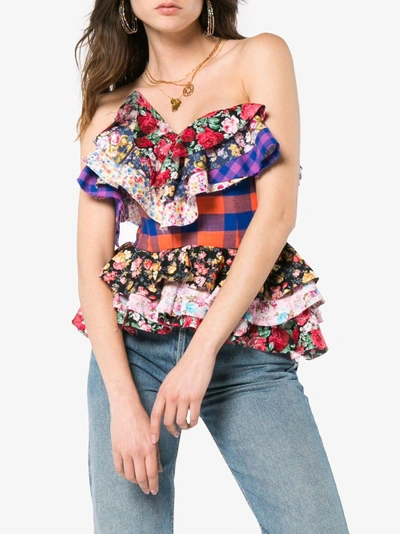 Shop Natasha Zinko Strapless Floral Check Print Ruffle Cotton Top In Multicolour