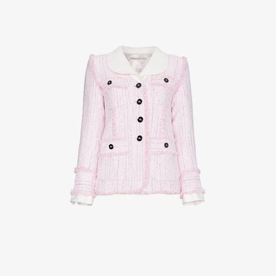 Shop Alessandra Rich Single Breasted Tweed Cotton Blend Jacket In Pink&purple