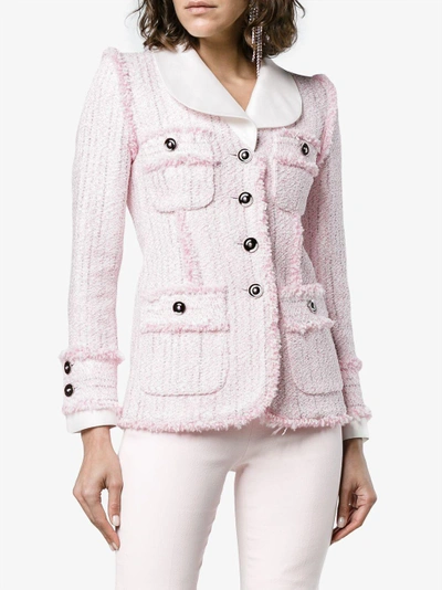 Shop Alessandra Rich Single Breasted Tweed Cotton Blend Jacket In Pink&purple