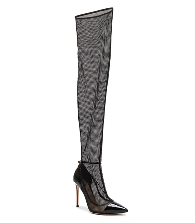 Shop Gianvito Rossi Patent & Mesh Idol Thigh High Boots In Black