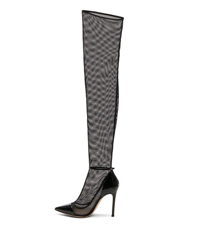 Shop Gianvito Rossi Patent & Mesh Idol Thigh High Boots In Black