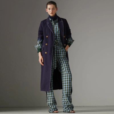 Shop Burberry Topstitched Cotton Linen Double-breasted Coat In Deep Indigo