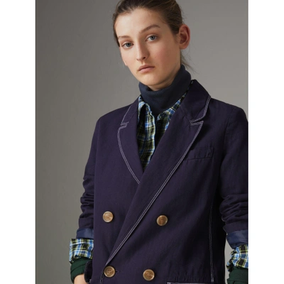 Shop Burberry Topstitched Cotton Linen Double-breasted Coat In Deep Indigo