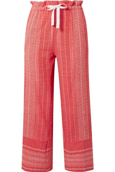 Shop Lemlem Saba Cropped Embroidered Cotton-gauze Wide-leg Pants In Coral