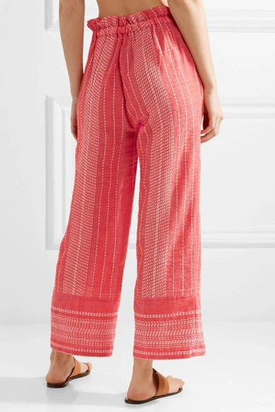 Shop Lemlem Saba Cropped Embroidered Cotton-gauze Wide-leg Pants In Coral