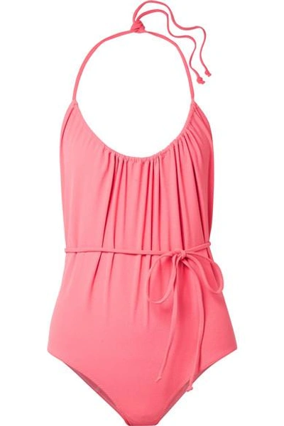 Shop Lisa Marie Fernandez Charlotte Belted Stretch-crepe Halterneck Swimsuit In Pink