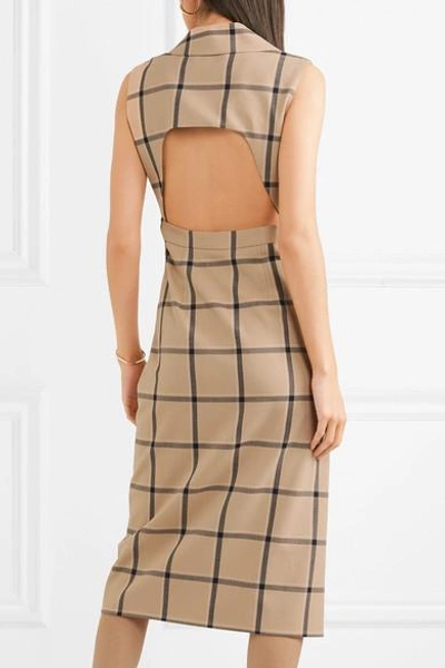 Shop Monse Louise Asymmetric Cutout Checked Twill Dress In Beige