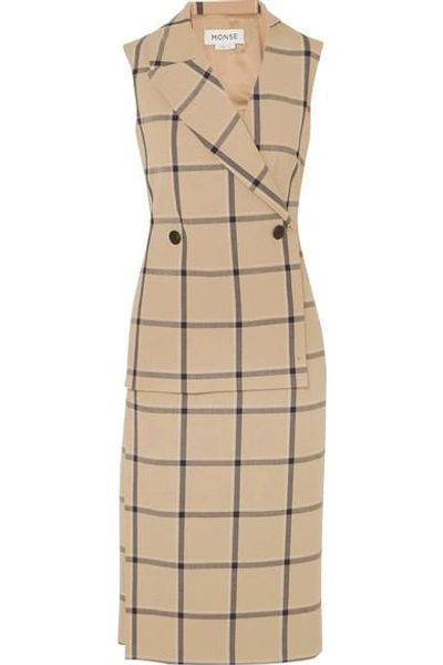 Shop Monse Louise Asymmetric Cutout Checked Twill Dress In Beige