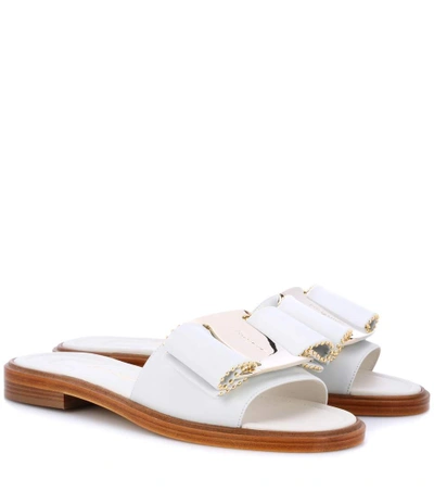 Shop Ferragamo Vara Bow Leather Slides In White