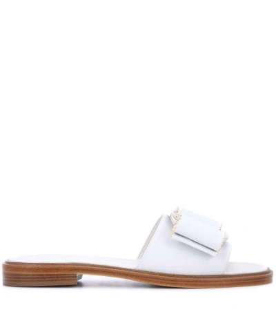 Shop Ferragamo Vara Bow Leather Slides In White