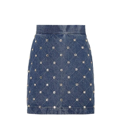 Shop Gucci Embellished Denim Skirt In Blue