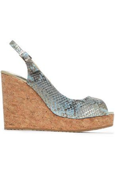 Shop Jimmy Choo Woman Metallic Snake-effect Leather Wedge Sandals Gold