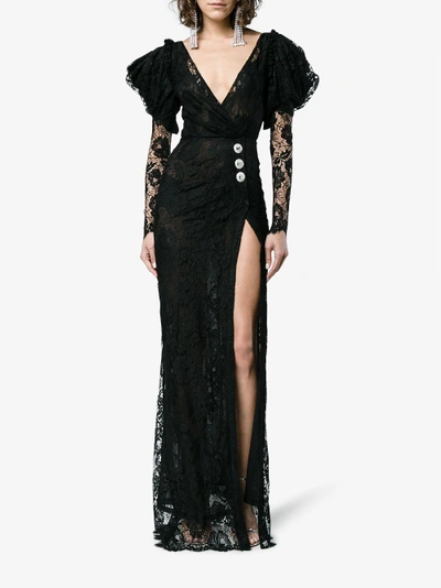 Shop Alessandra Rich V-neck Lace Ruffle Sleeve Slit Gown In Black