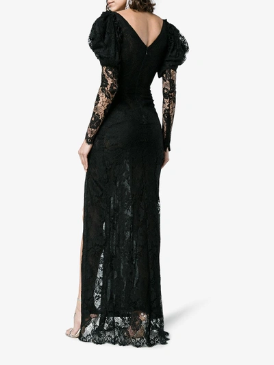 Shop Alessandra Rich V-neck Lace Ruffle Sleeve Slit Gown In Black