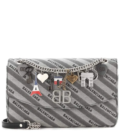 Shop Balenciaga Bb Round M Jacquard Shoulder Bag In Grey