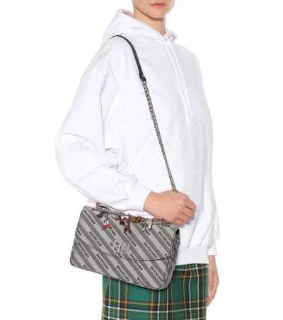 Shop Balenciaga Bb Round M Jacquard Shoulder Bag In Grey