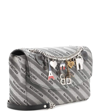 Shop Balenciaga Bb Round M Jacquard Shoulder Bag In Grey