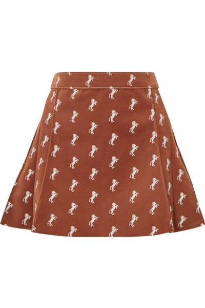 Shop Chloé Pleated Embroidered Cotton-blend Velvet Mini Skirt In Brown