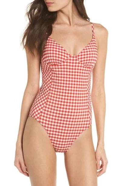 Shop Tory Burch Gingham One-piece Underwire Swimsuit In Red / White