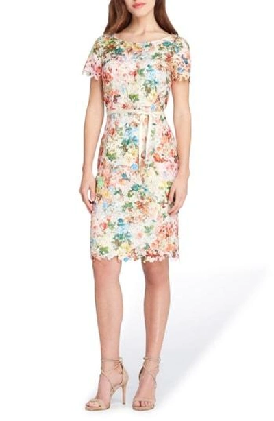 Shop Tahari Print Lace Sheath Dress In Beige/ Coral/ Forest