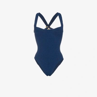 Shop Hunza G Zora Embellished Seersucker Swimsuit In Blue