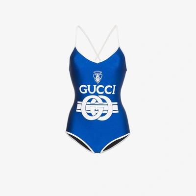 Shop Gucci Logo Print Swimsuit In Blue