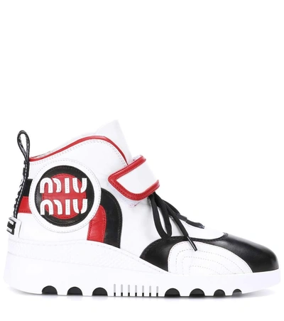 Shop Miu Miu Leather High-top Sneakers In White