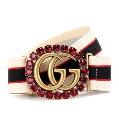 Gucci Elastic Stripe Belt W Double G Crystal Buckle In White