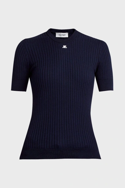 Shop Courrèges Appliquéd Ribbed Cotton And Cashmere-blend T-shirt, 2 In Navy