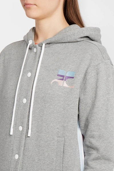 Shop Courrèges Embroidered Striped Cotton-jersey Hooded Top, 4 In Grey