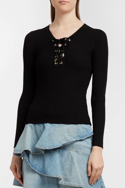 Shop Paul & Joe Lace-up Ribbed-knit Top In Black