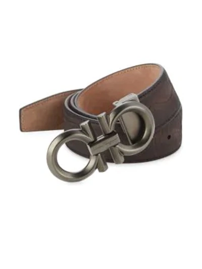 Shop Ferragamo Adjustable Crocodile-embossed Nubuck Gancini Buckle Belt In Brown