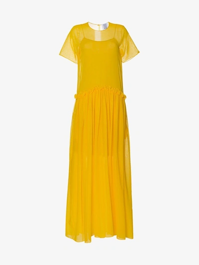 Shop Rosie Assoulin Semi Sheer Ruffle Long Silk Dress In Yellow&orange