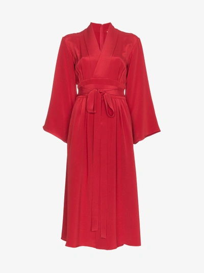 Shop Adam Lippes Kimono Wrap Silk Midi Dress In Red