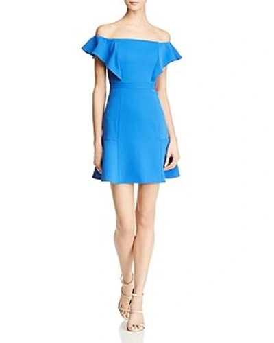 Shop Bcbgmaxazria Off-the-shoulder Dress In Larkspur Blue
