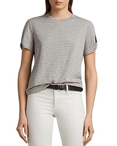 Shop Allsaints Mazzy Slit-sleeve Striped Tee In Pink/gray Marl