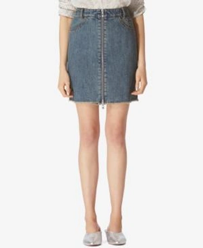 Shop Avec Les Filles Denim Zip-front Cotton Mini Skirt In Dirty Vintage Denim