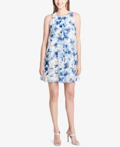 Shop Calvin Klein Floral-print Pleated Dress In Reggeta Blue /ice Blue