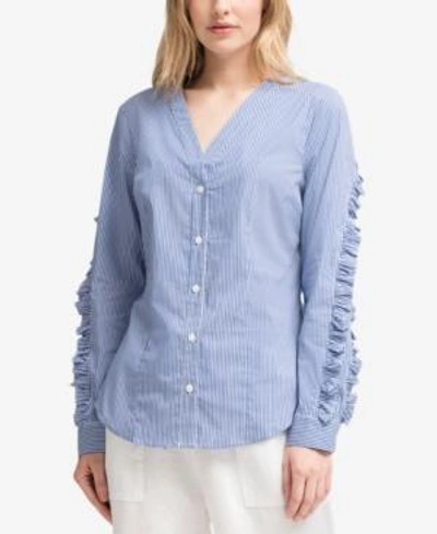 Shop Dkny Ruffled-sleeve Shirt, Created For Macy's In White/cobalt
